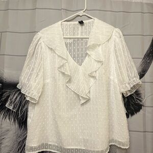 Elegant White Ruffled Swiss Dot Blouse